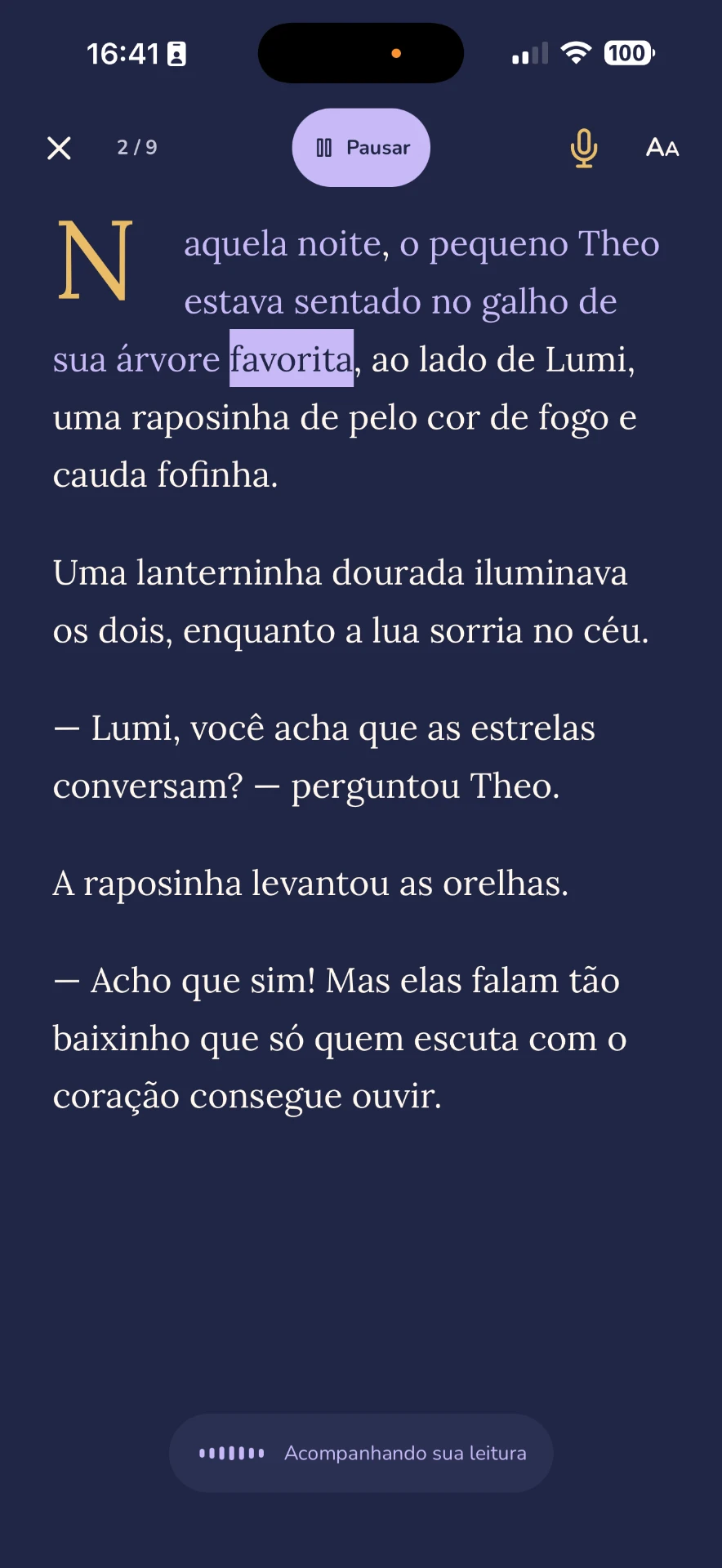 Leitura Encantada no Ninnar, com a palavra favorita destacada durante a leitura