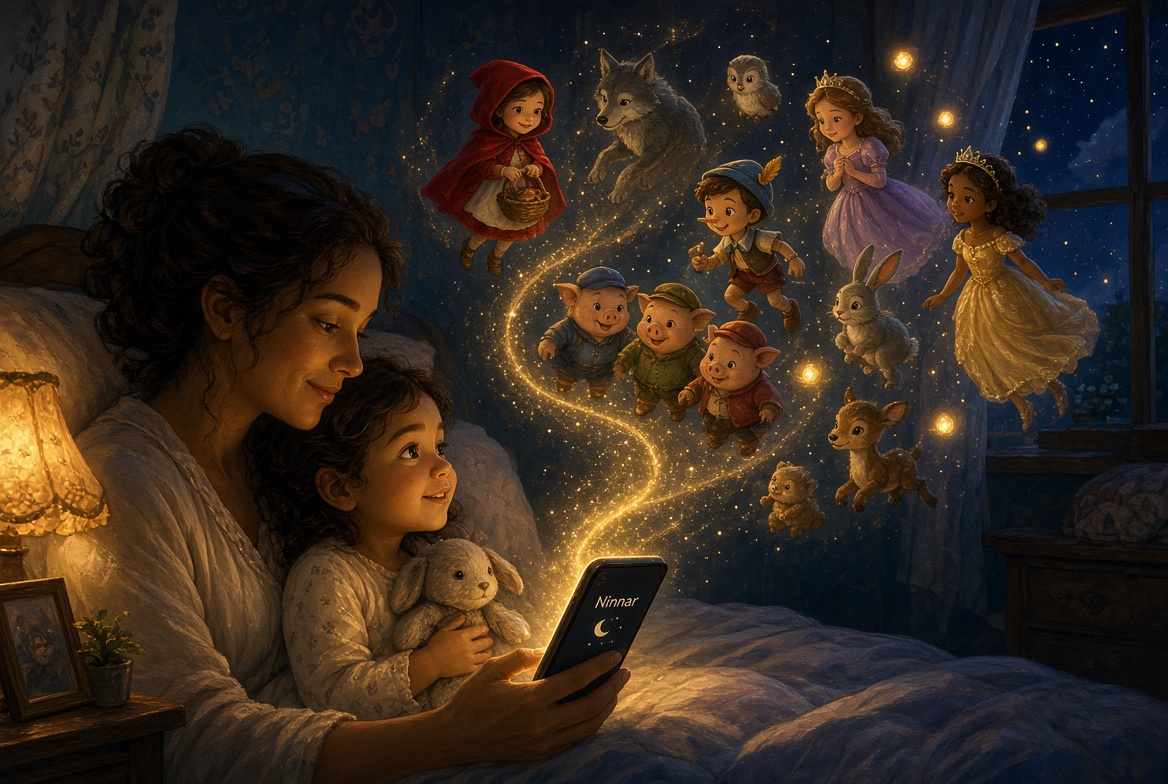 Mãe e criança deitadas juntas na cama com luz quente de abajur, a mãe segura o celular com o Ninnar e personagens de histórias flutuam numa espiral de luz dourada