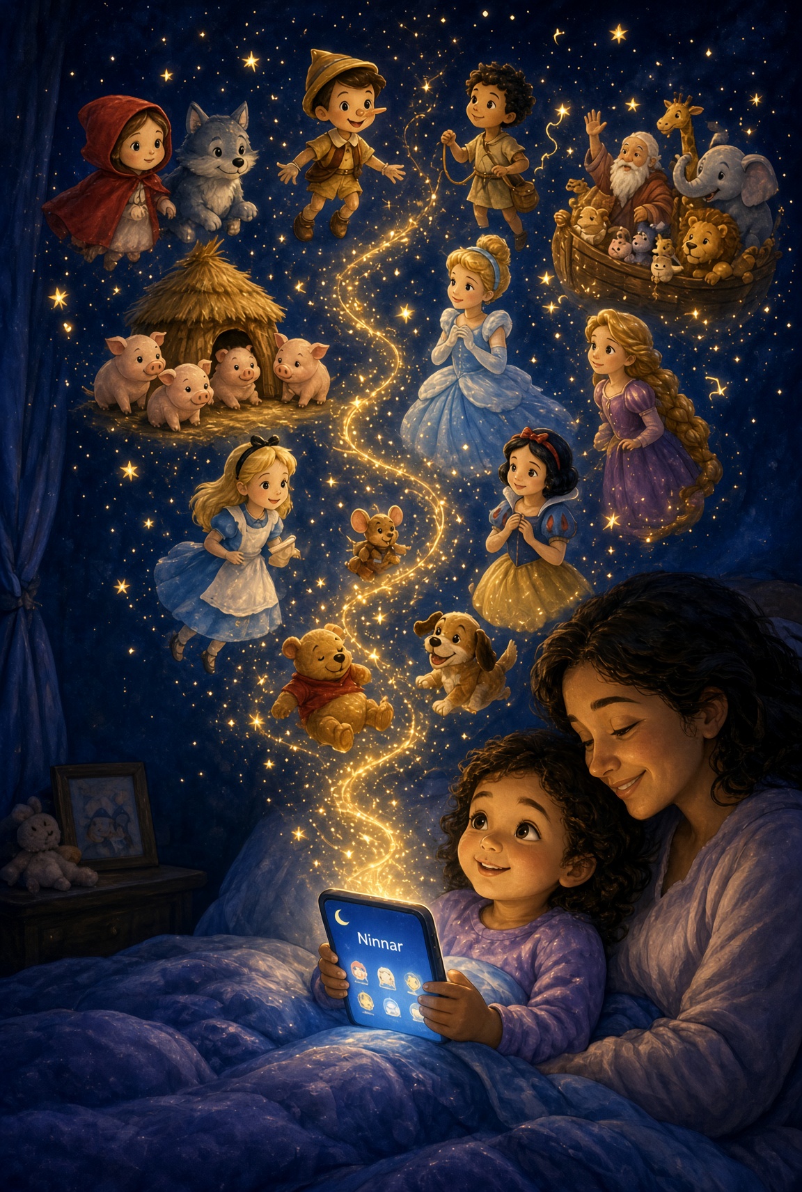 Mãe e filha deitadas na cama lendo uma história no app Ninnar, enquanto personagens clássicos flutuam numa espiral de luz dourada
