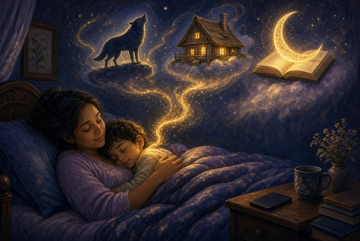 Mãe e filho dormindo abraçados na cama enquanto, acima deles, um rastro dourado de sonhos desenha o lobo, a casinha de palha e a lua crescente sobre um livro aberto; o celular repousa apagado na mesinha ao lado.