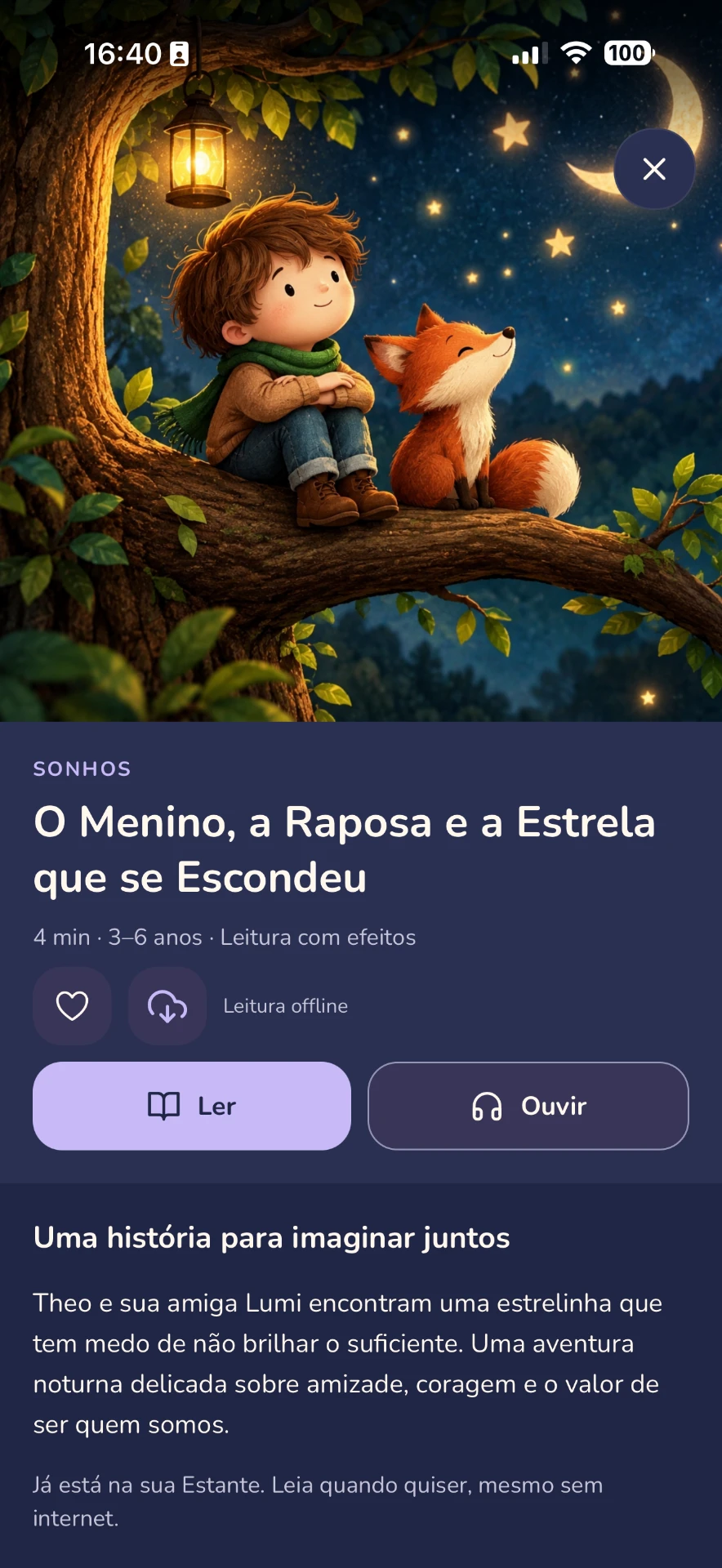 Tela de detalhe da história no Ninnar, com botões Ler e Ouvir