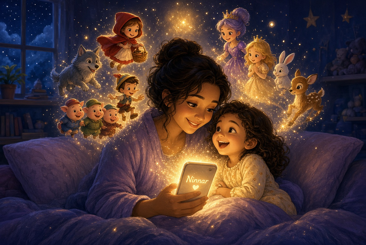 Mãe e filha na cama, iluminadas pelo brilho dourado do celular Ninnar, enquanto Chapeuzinho Vermelho, o lobo, Pinóquio, os três porquinhos, princesas, um coelhinho e um cervinho surgem da luz.