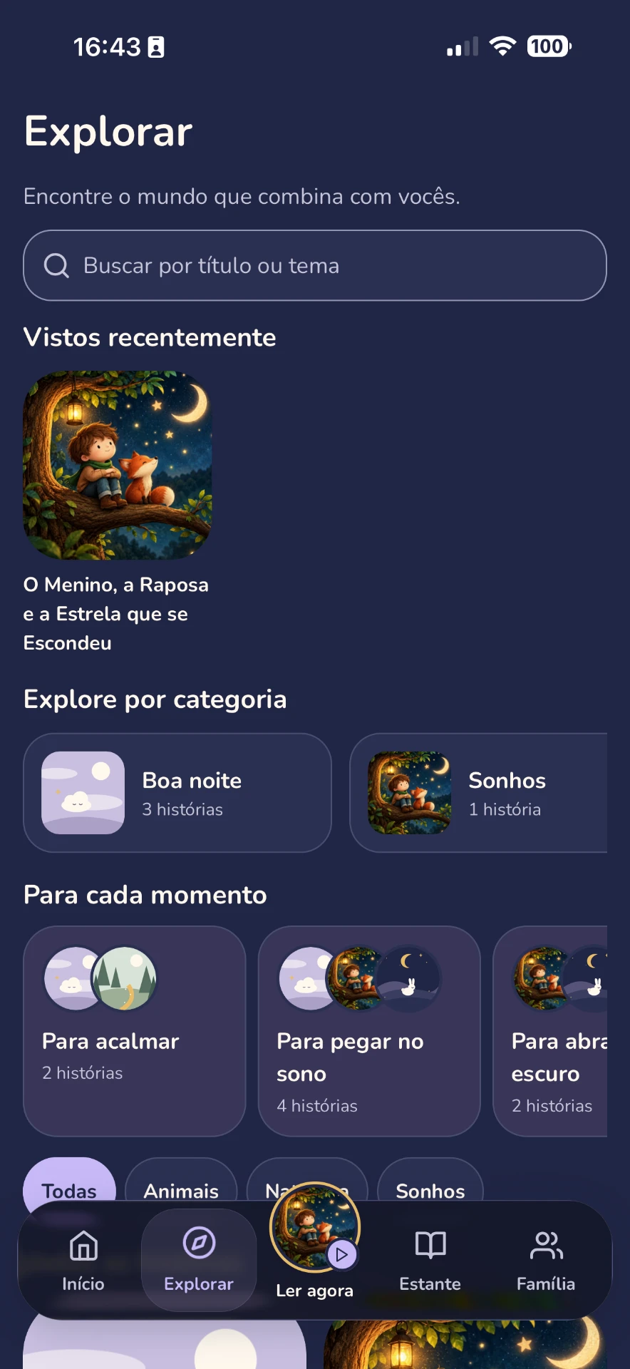 Tela Explorar do Ninnar, com busca, categorias e momentos