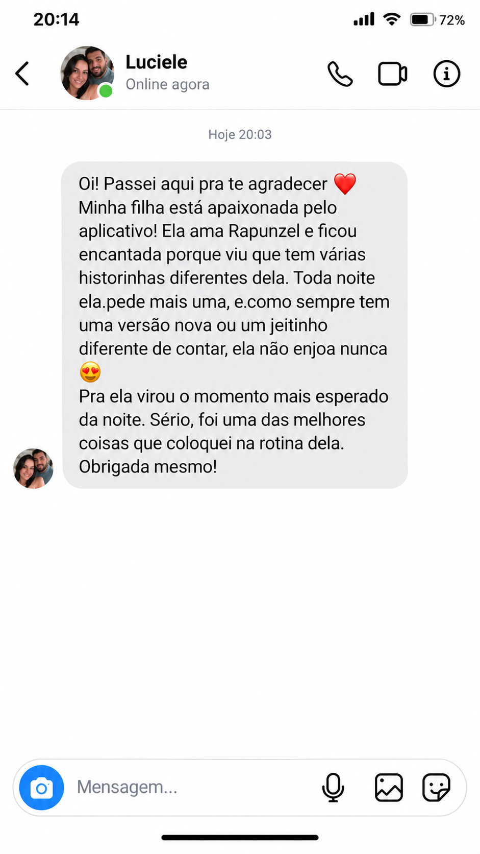 Conversa de Instagram com Luciele: ela agradece e conta que a filha está apaixonada pelo aplicativo, ama Rapunzel e pede mais uma historinha toda noite