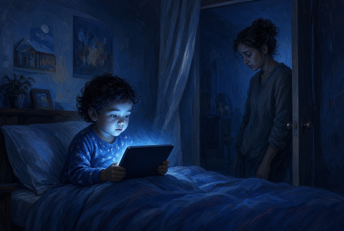 Criança sentada na cama com o rosto iluminado pela luz azul fria de um tablet, enquanto a mãe exausta encosta na porta ao fundo