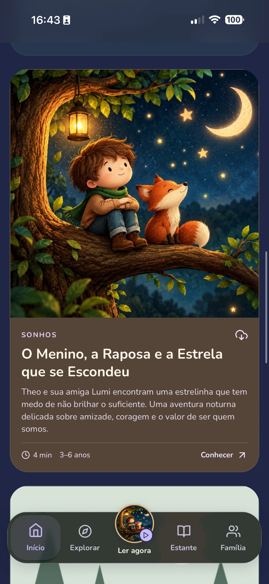 Tela inicial do Ninnar com o card da história de hoje: O Menino, a Raposa e a Estrela que se Escondeu