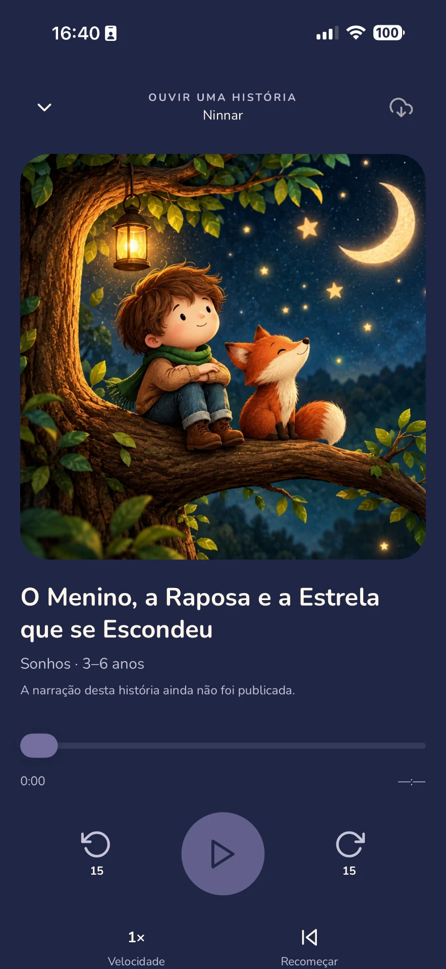 Tela Ouvir uma história do Ninnar, com player de áudio em tema noturno